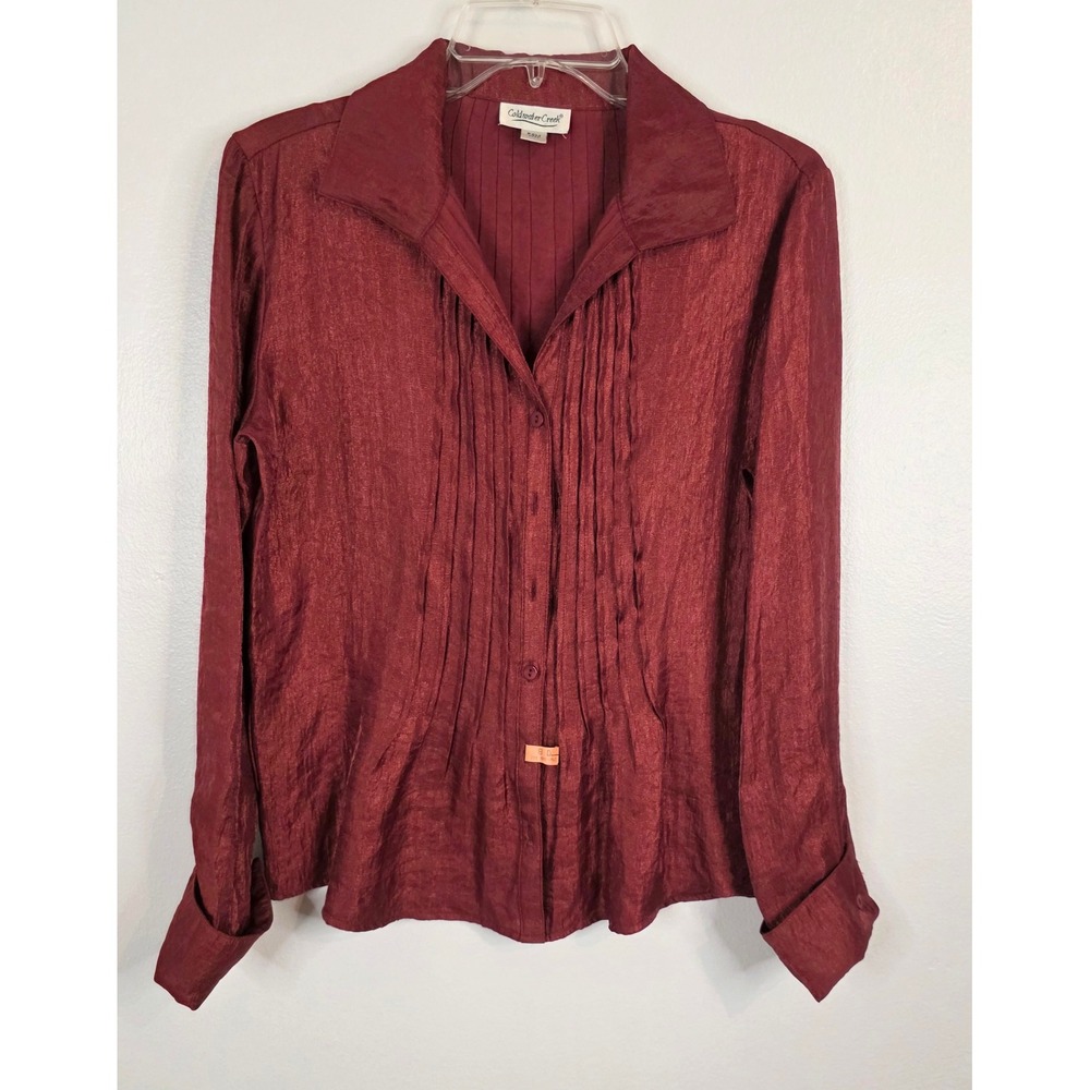 Coldwater Creek Burgundy Pintuck Pleated Button Front Blouse Metallic Red PSM